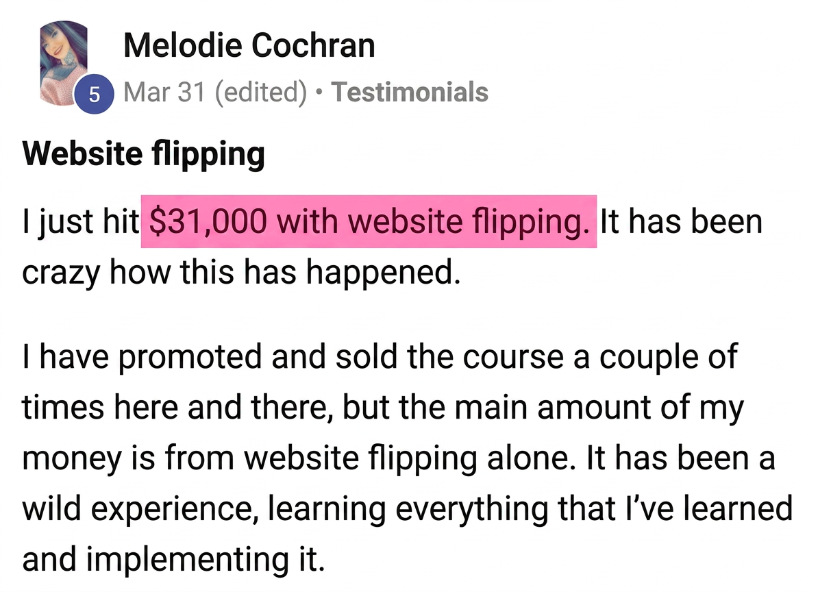Testimonial: $31,000 with website flipping